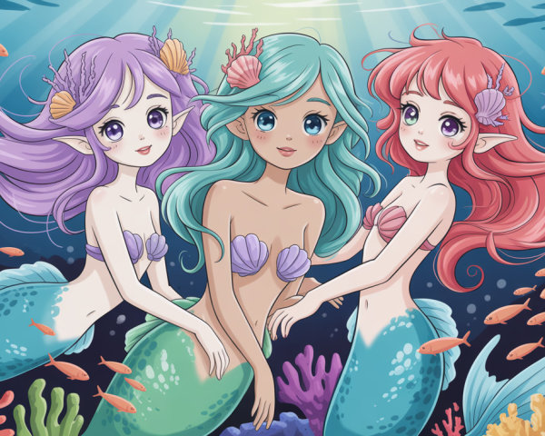 Three Colorful Mermaids in Animated Vector Art