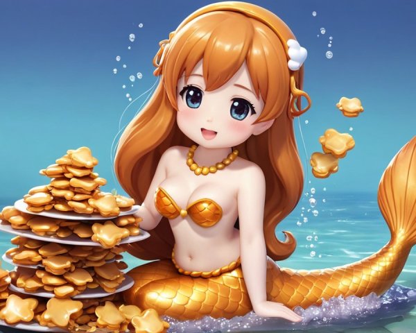 Cheerful anime-style mermaid in clear blue water