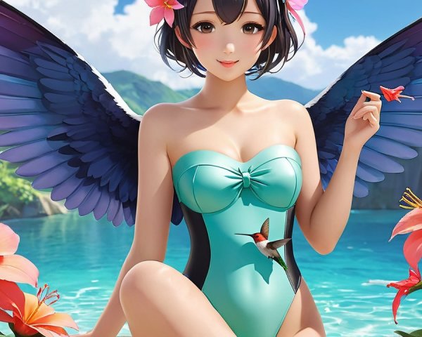 Young Woman with Blue Wings by Turquoise Lagoon