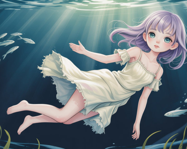 Young anime girl in white frilly dress, upper view shot