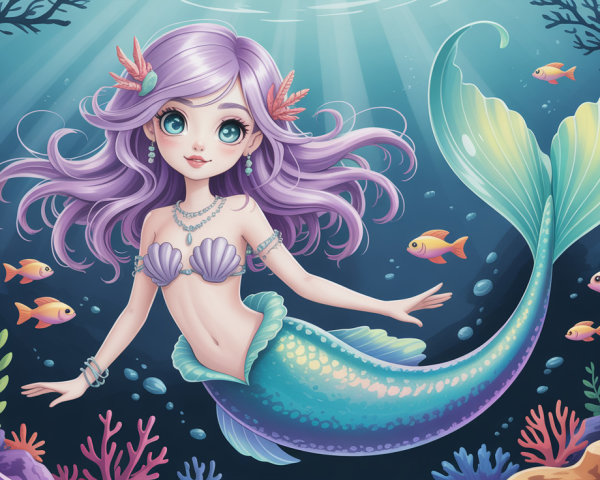 Mermaid Illustration with Purple Hair and Underwater Scene