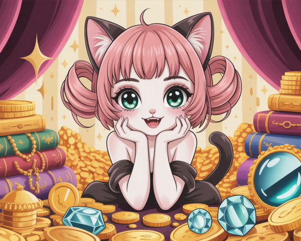 Cute Cat Girl Surrounded by Gold Coins and Diamonds