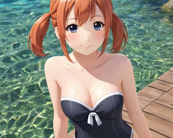 Cheerful Woman in Stylish Swimsuit by Water's Edge