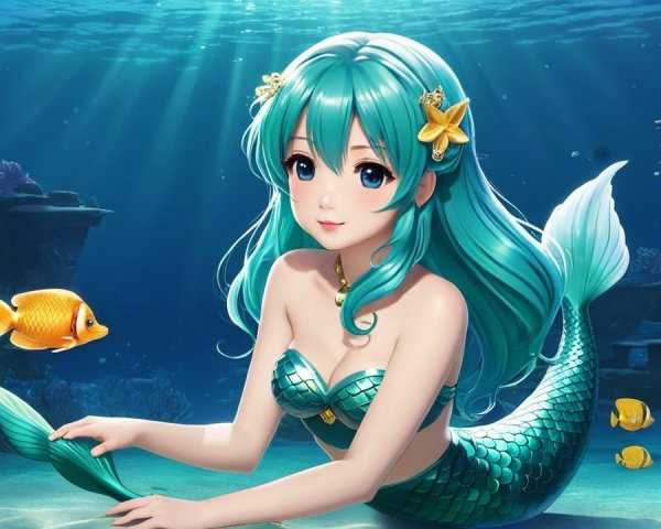 Mermaid with Turquoise Hair in Vibrant Coral Reefs