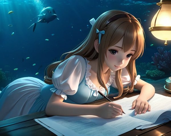 Underwater Scene of Girl Writing with Colorful Fish