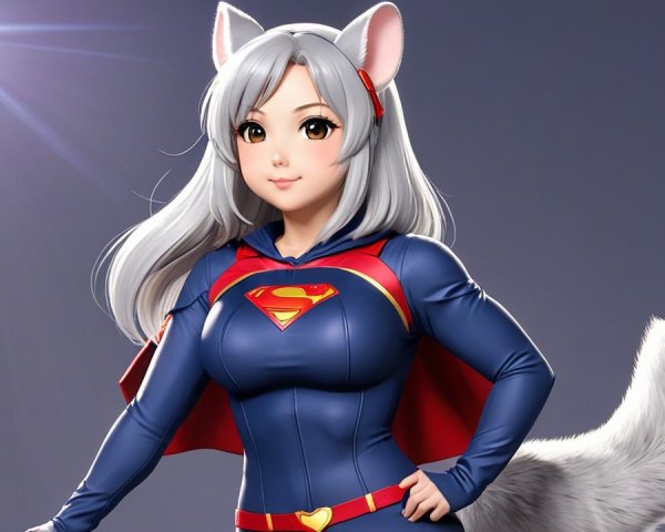 Stylized female superhero with silver hair and fox ears