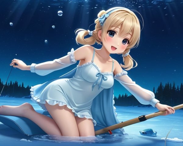 Cheerful Character Fishing on Frozen Lake at Night
