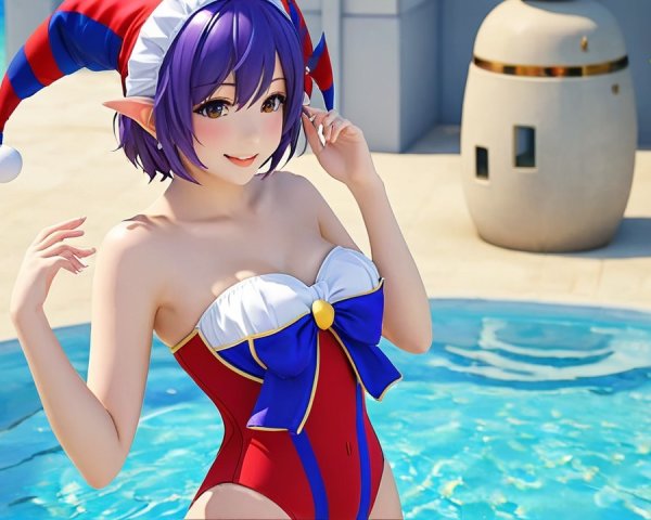 Cheerful character by sparkling pool in festive attire