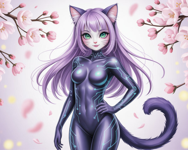 Anime girl with purple hair and cat features under cherry blossoms