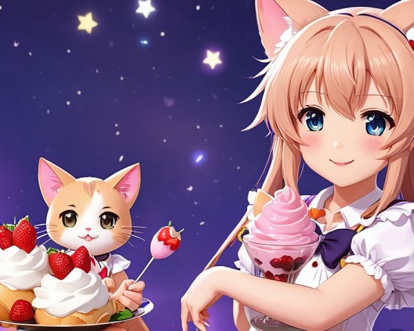 Cheerful Anime Girl in Maid Outfit with Desserts