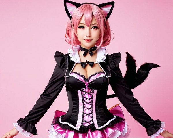 Playful Character in Pink and Black Feline Costume