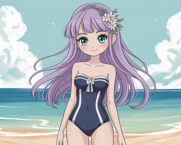 Anime girl in swimsuit on a sunny beach scene