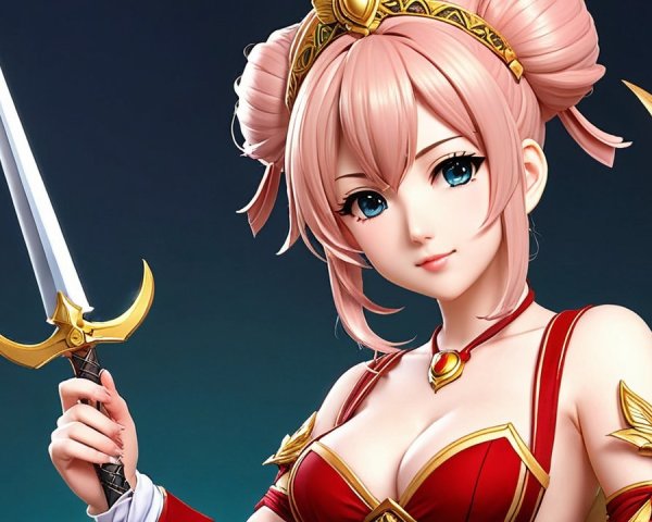 Female character with sword and pink hair in red outfit