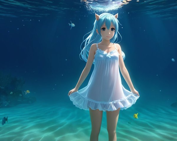 Underwater Scene with Young Woman and Colorful Fish