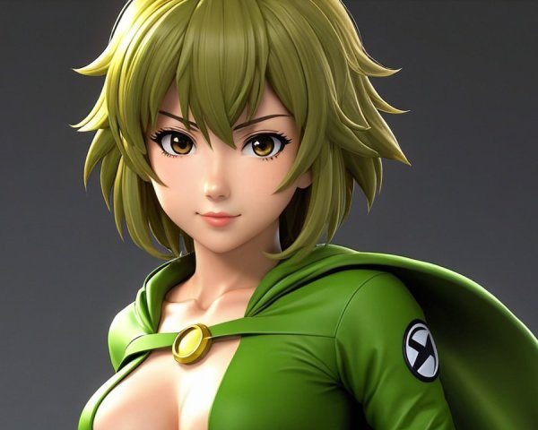 Stylized Female Character with Green Hair and Outfit