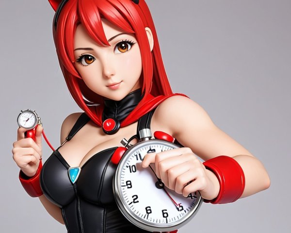 Anime-Style Female Character with Red Hair and Clocks