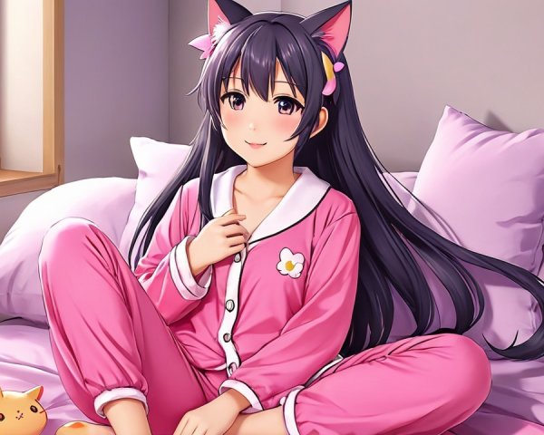 Cheerful character on bed with purple pillows and sunlight
