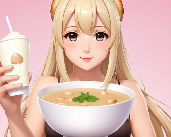 Anime-style girl with soup and milkshake illustration