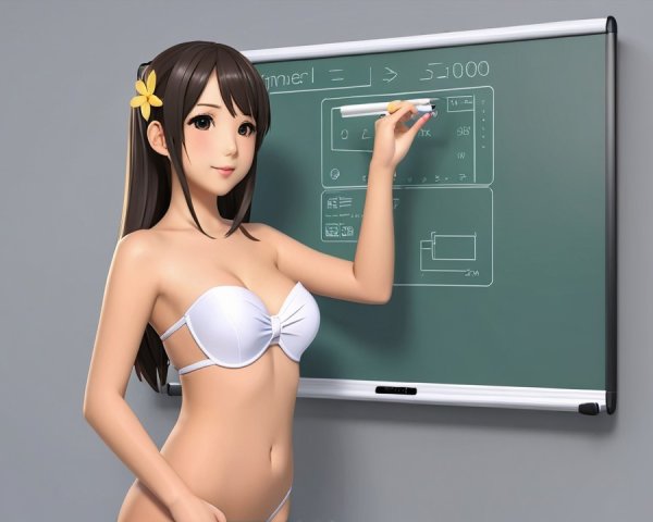 Stylized Animated Character with Chalkboard and Equations