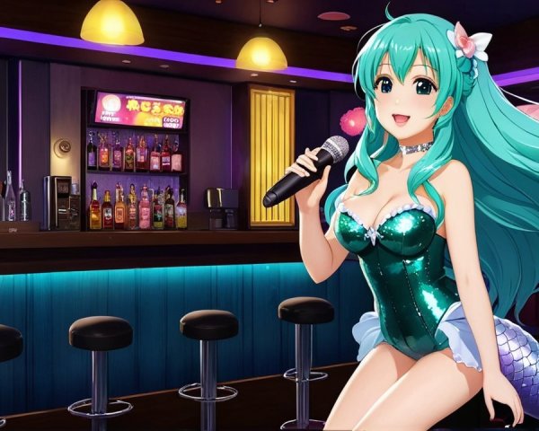 Cheerful Mermaid in Vibrant Bar Karaoke Setting