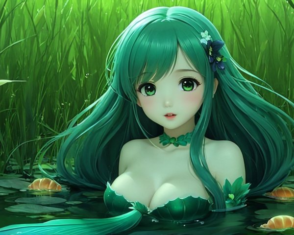Ethereal Figure in a Lush Green Pond Setting