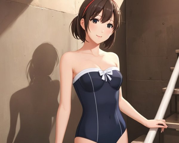 Young woman in blue swimsuit on modern staircase