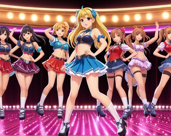 Animated Characters in Colorful Outfits on Stage