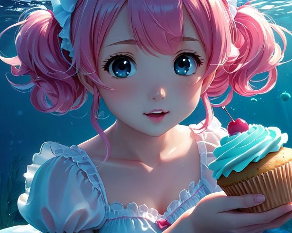 Whimsical Underwater Scene with Colorful Fish and Cupcake