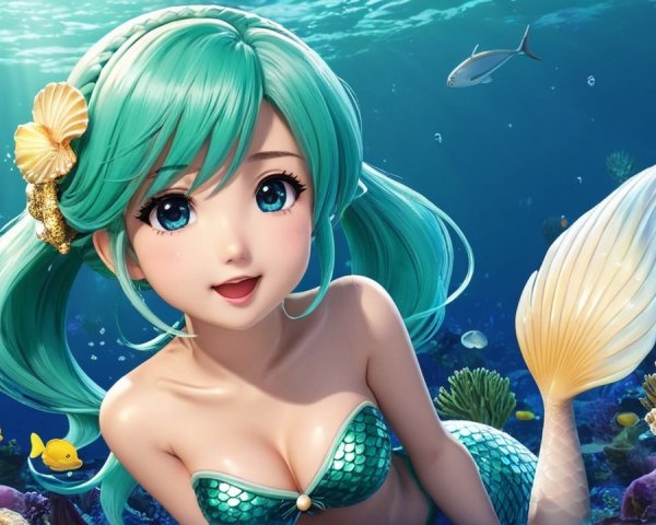 Vibrant Underwater Scene with Cheerful Mermaid Character