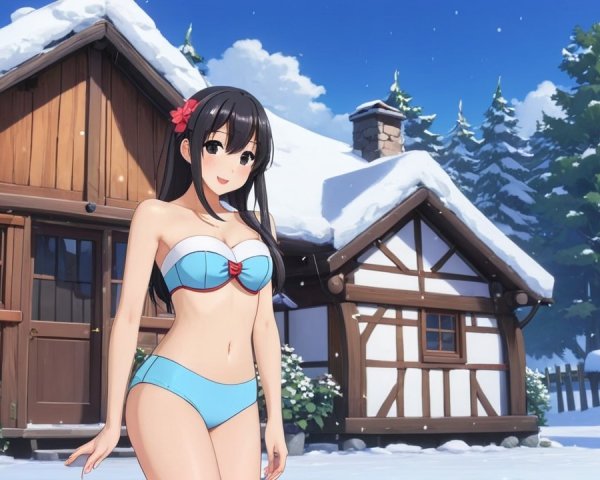 Young Woman in Bikini by Snowy Cabin Scene