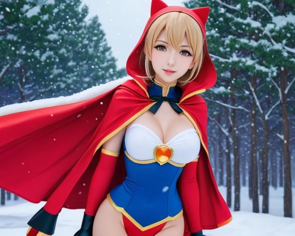 Character in Red Cape in Snowy Forest Setting