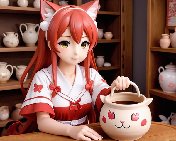 Charming anime character in cozy tea room setting