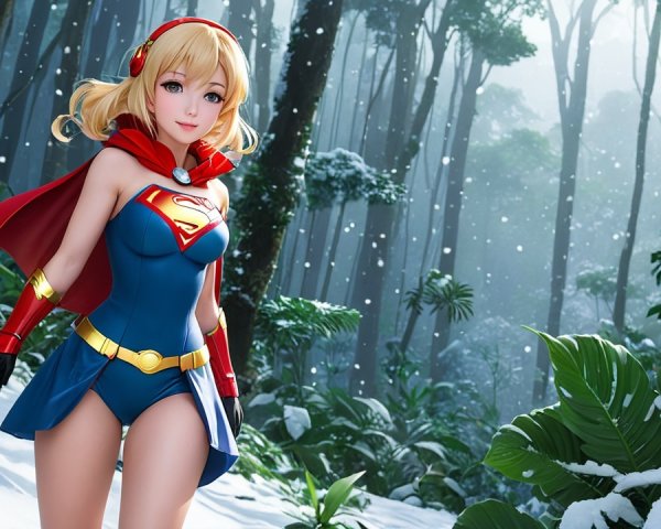 Stylish Female Superhero in Snowy Jungle Setting