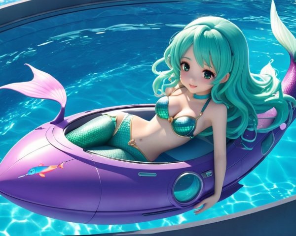 Anime Character in Teal Bikini on Submarine Float