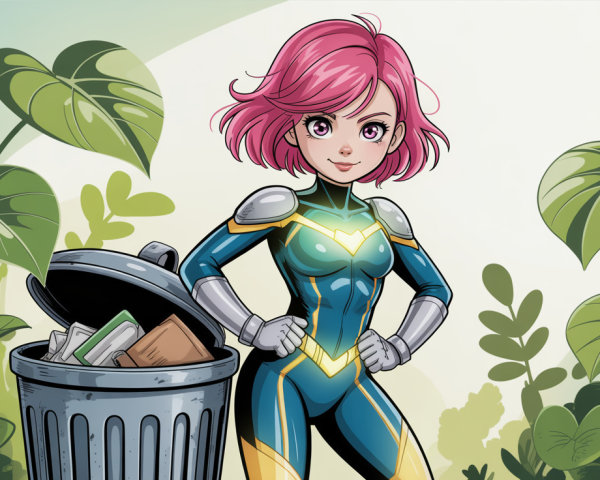 Cartoon Illustration of a Superhero with Trash Can