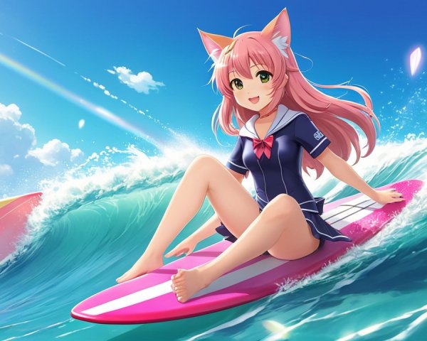 Cheerful anime girl on pink surfboard in sunny waves