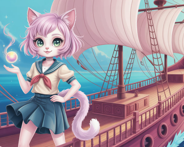 Anthropomorphic cat girl on pirate ship at sea