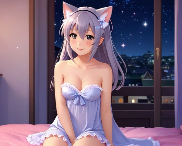 Anime Character in Cozy Bedroom with Starry Sky