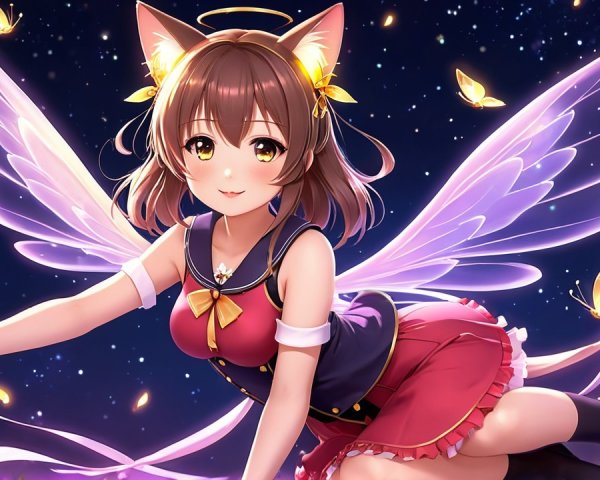 Anime girl with cat ears and ethereal wings in red dress