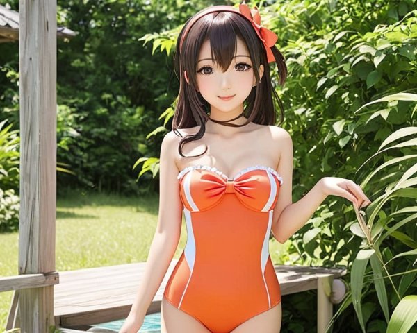 Character in Orange Swimsuit in Lush Green Setting