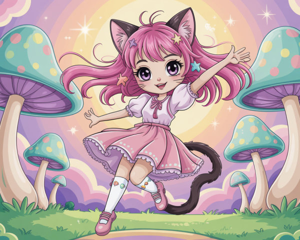 Anime Illustration of a Joyful Girl with Cat Features
