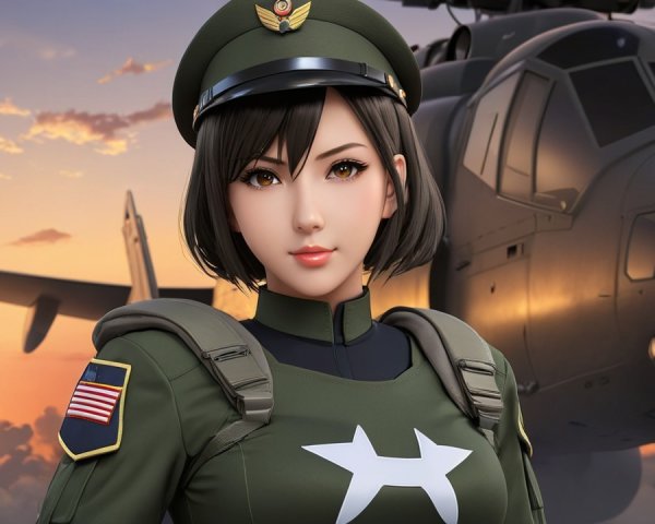 Digital Female Character in Military Attire with Helicopter