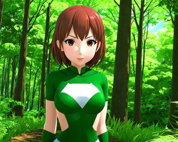 Stylized female character in a lush green forest