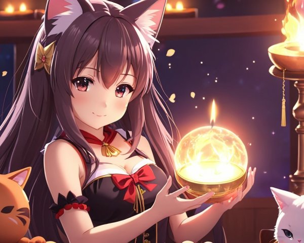 Whimsical Scene of Young Woman with Cat Ears and Cats