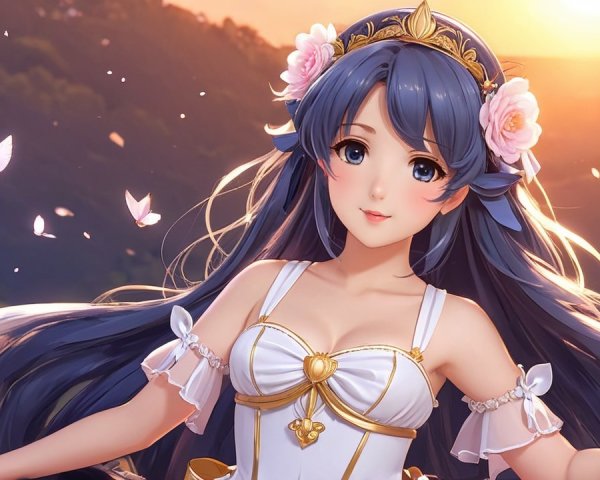 Elegant Character in White Gown at Sunset Setting