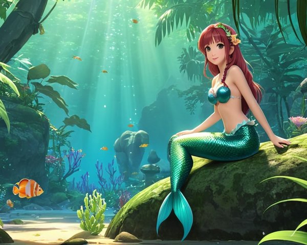 Vibrant Underwater Scene with Mermaid and Aquatic Life