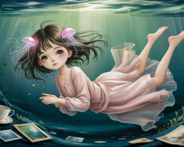 Anime girl swimming in vibrant underwater scene