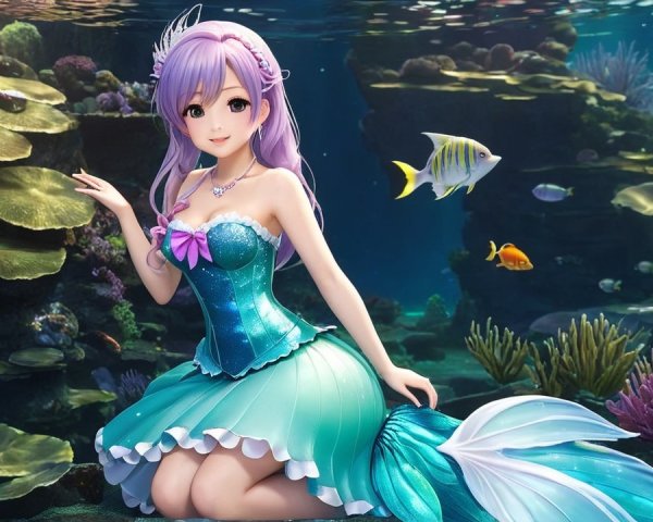 Mermaid Among Coral and Colorful Fish in Ocean Scene