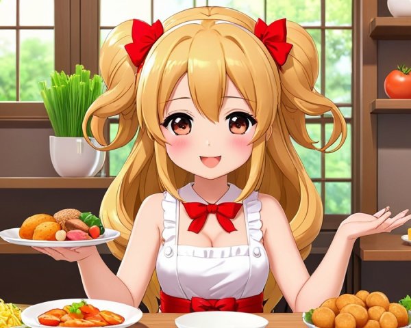 Cheerful Anime Girl in Bright Kitchen with Colorful Food