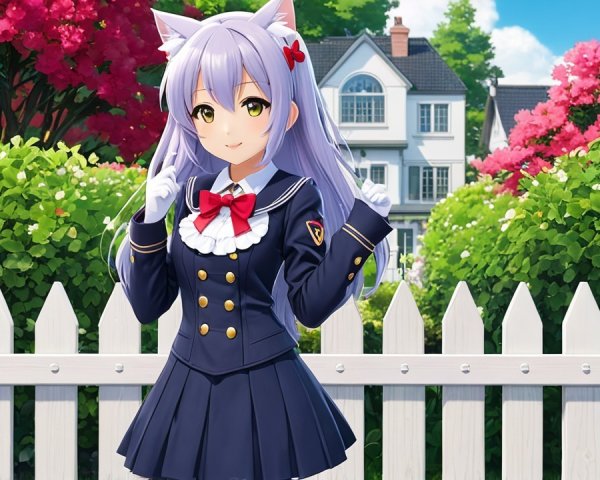 Character with Cat Ears and Lavender Hair in Garden